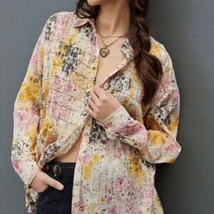 Pilcro Floral Pleated Button-Down Shirt - Yellow Pink